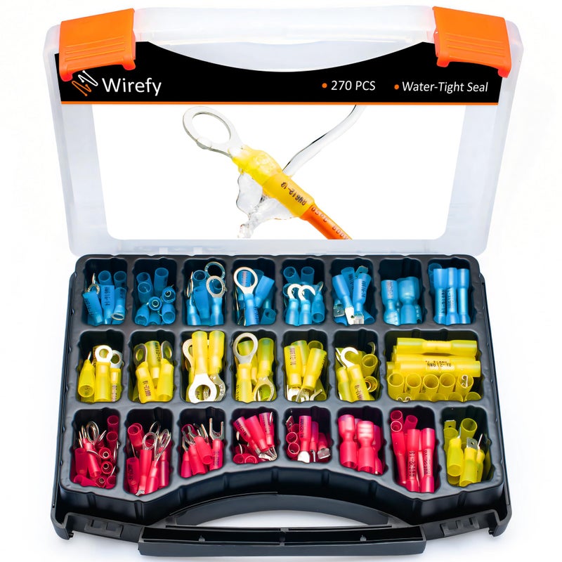 Wirefy Heat Shrink Wire Connectors Kit - Marine Grade Electrical Connectors - Automotive Butt Connectors - Insulated Ring, Spade, Fork, Hook Crimp Terminals - 22-10 Gauge - 270 PCS - Image 1