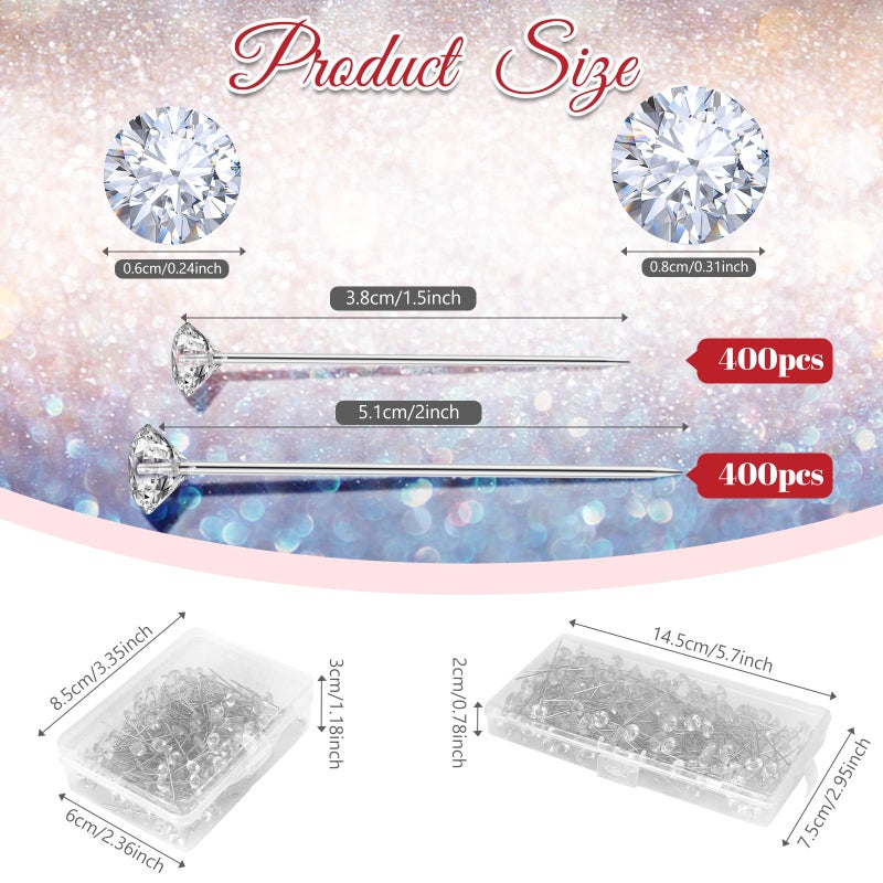 CZBRO 800 Pcs Corsage Bouquet Pins 1.5 inch and 2 inch Crystal Diamond Pins Rhinestone Brooch Floral Straight Head Pins Clear Flower Bouquet Diamond Pins for Bouquets Wedding Bridal Anniversaries DIY Craft - Image 2