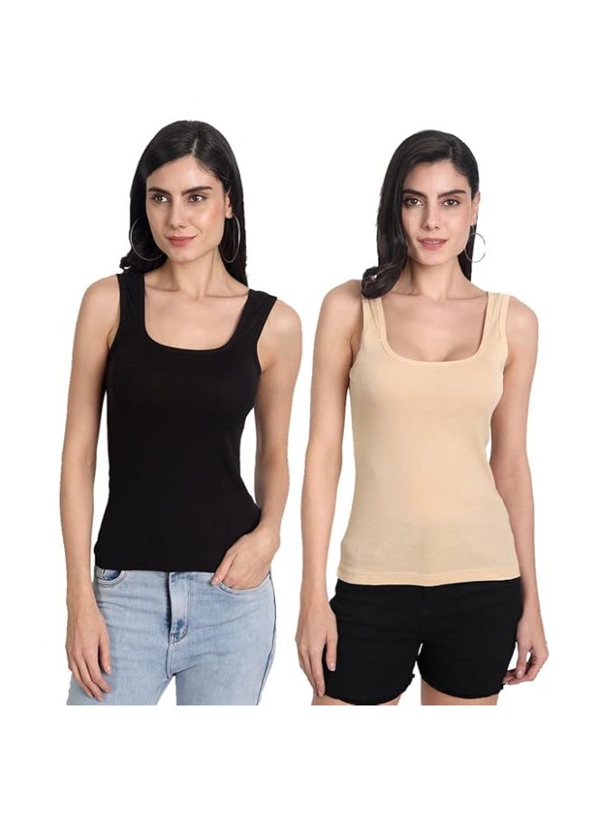 Aimly Women's Cotton Sleeveless Black & Beige Camisole Slip Spaghetti (Pack of 2) in Black and Beige Colors - Image 1