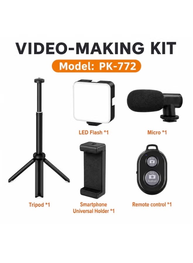 PLOKAMA PK-772 Smartphone Video Making Kit, LED Fill Light, External Microphone, Adjustable Tripod Stand & Bluetooth Remote Control, Mobile Vlogging Accessories Set, Portable Content Creator Kit for YouTube, TikTok, Live Streaming, Reels, Photography & Social Media - Image 2