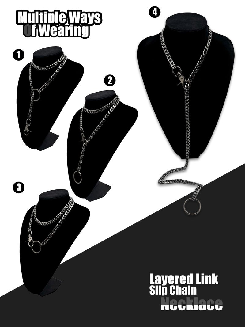 paloli Women's Slip Chain Necklace, Adjustable O-Ring Layered Slip Chain Choker Collar for Women, Gunmetal, Silver, Gold, Iridescent Cuban Chain Jewelry, Y-Necklace with Loop Pendant (Gunmetal) - Image 5