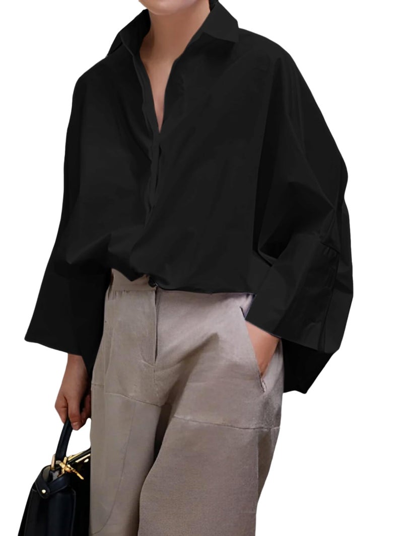 UOOZEE Womens Button Down Shirt Casual Long Sleeve Loose Fit Collared Work Blouse Tops, Black L - Image 1