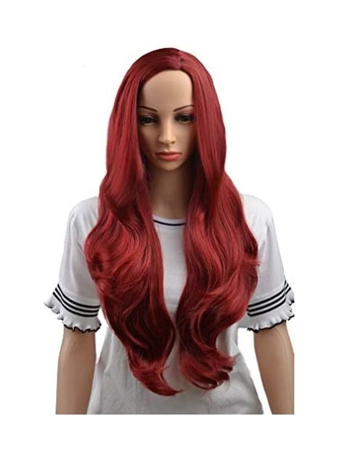 بيرون شعر مستعار طويل ومجعد ومموج ومقاوم للحرارة ومصنوع من الألياف الصناعية ومزود بغطاء للشعر المستعار مقاس 28 بوصة (لون خمري) أحمر 28بوصة