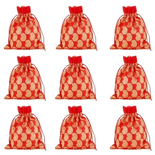 Touchstone Drawstring Bags Traditional Indian Handcrafted in Paisley Pattern Brocade fabric Perfect for Gifts Jewelry Weddings Sweet Distribution Set of 9 Vibrant Red Pouches Purses Potli - Image 1