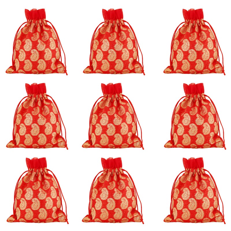 Touchstone Drawstring Bags Traditional Indian Handcrafted in Paisley Pattern Brocade fabric Perfect for Gifts Jewelry Weddings Sweet Distribution Set of 9 Vibrant Red Pouches Purses Potli - Image 2