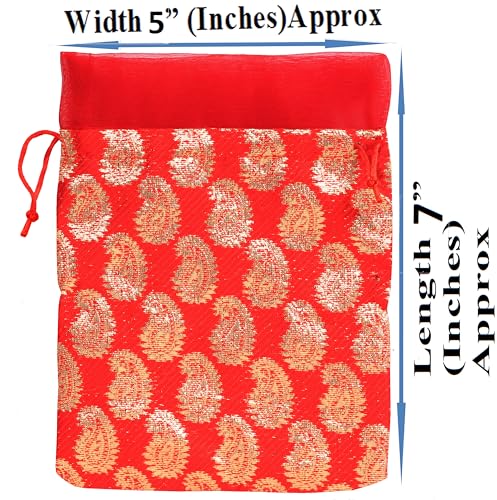 Touchstone Drawstring Bags Traditional Indian Handcrafted in Paisley Pattern Brocade fabric Perfect for Gifts Jewelry Weddings Sweet Distribution Set of 9 Vibrant Red Pouches Purses Potli - Image 3