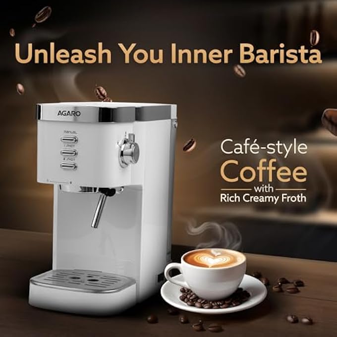 AGARO Regency Espresso Coffee Maker Adjustable Pressure Up To 20 Bars Cappuccino Coffee Maker With Adjustable Foaming Milk Frother Wand For Steam Espresso 12L Removable Water Tank 1350W White - Image 2