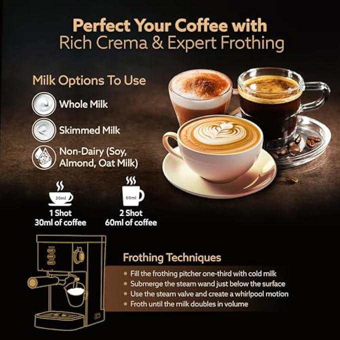 AGARO Regency Espresso Coffee Maker Adjustable Pressure Up To 20 Bars Cappuccino Coffee Maker With Adjustable Foaming Milk Frother Wand For Steam Espresso 12L Removable Water Tank 1350W White - Image 5