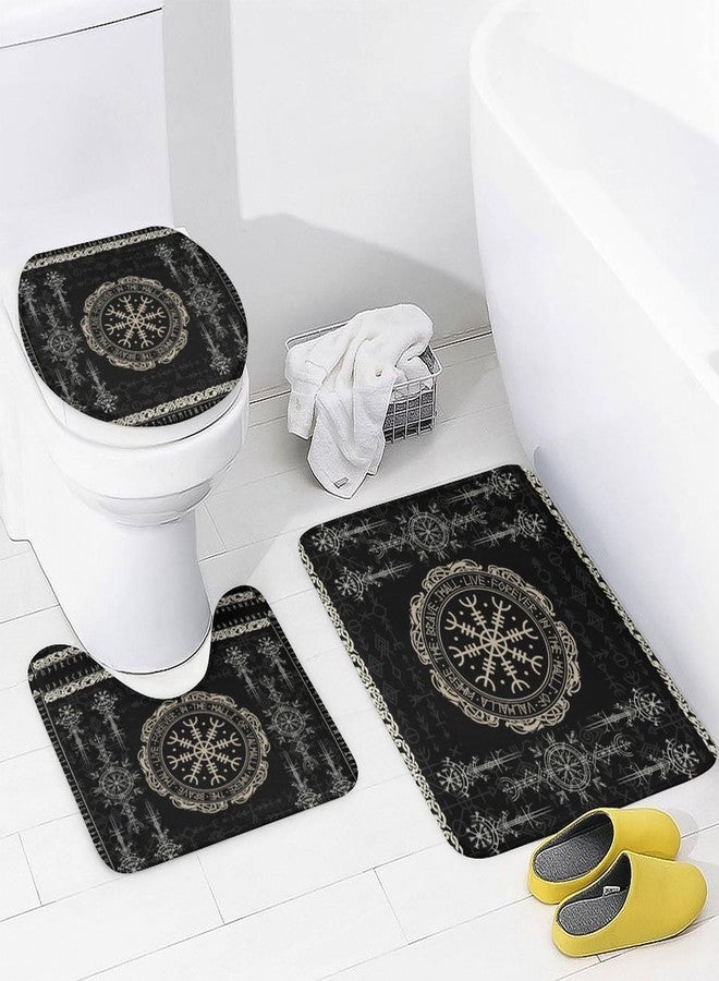 FBMLBRB Brebasf Norse Vikings Print 4 Pcs Shower Curtain Bathroom Set Black Viking Magical Retro Compass Norse Mystical Symbol Shower Mat Shower Curtain with Rug 12 Hooks,72" W x 72" L - Image 4