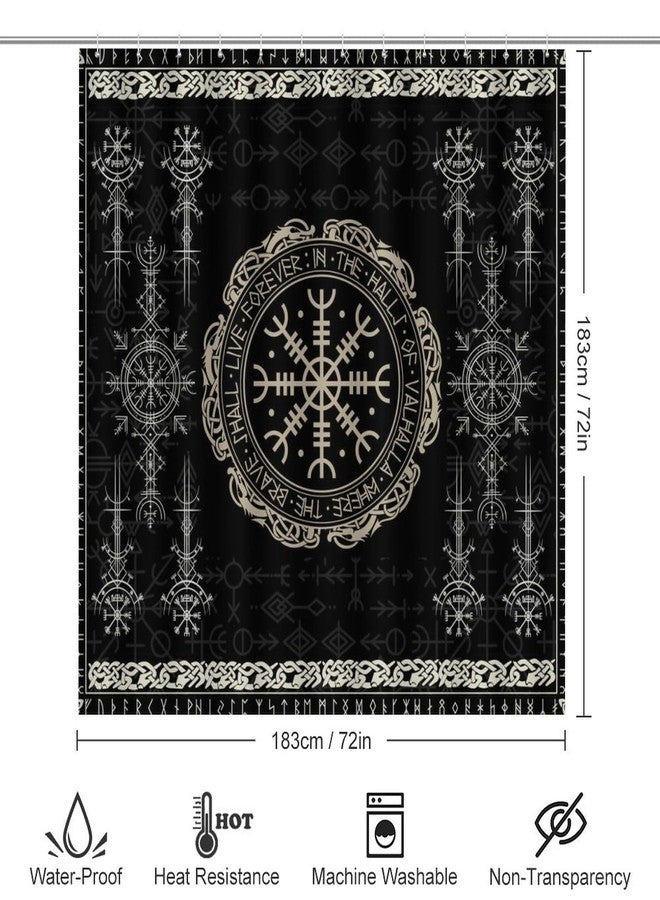 FBMLBRB Brebasf Norse Vikings Print 4 Pcs Shower Curtain Bathroom Set Black Viking Magical Retro Compass Norse Mystical Symbol Shower Mat Shower Curtain with Rug 12 Hooks,72" W x 72" L - Image 2