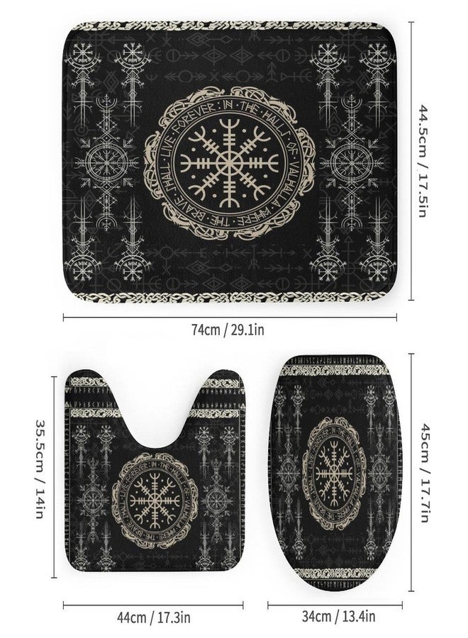 FBMLBRB Brebasf Norse Vikings Print 4 Pcs Shower Curtain Bathroom Set Black Viking Magical Retro Compass Norse Mystical Symbol Shower Mat Shower Curtain with Rug 12 Hooks,72" W x 72" L - Image 3
