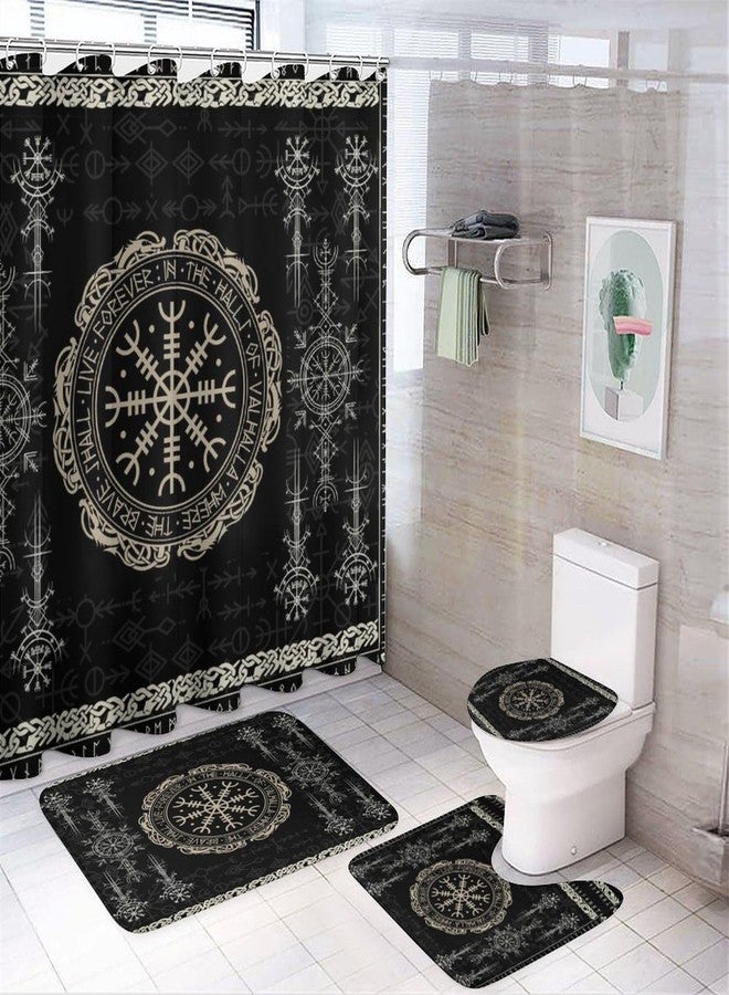 FBMLBRB Brebasf Norse Vikings Print 4 Pcs Shower Curtain Bathroom Set Black Viking Magical Retro Compass Norse Mystical Symbol Shower Mat Shower Curtain with Rug 12 Hooks,72" W x 72" L - Image 1