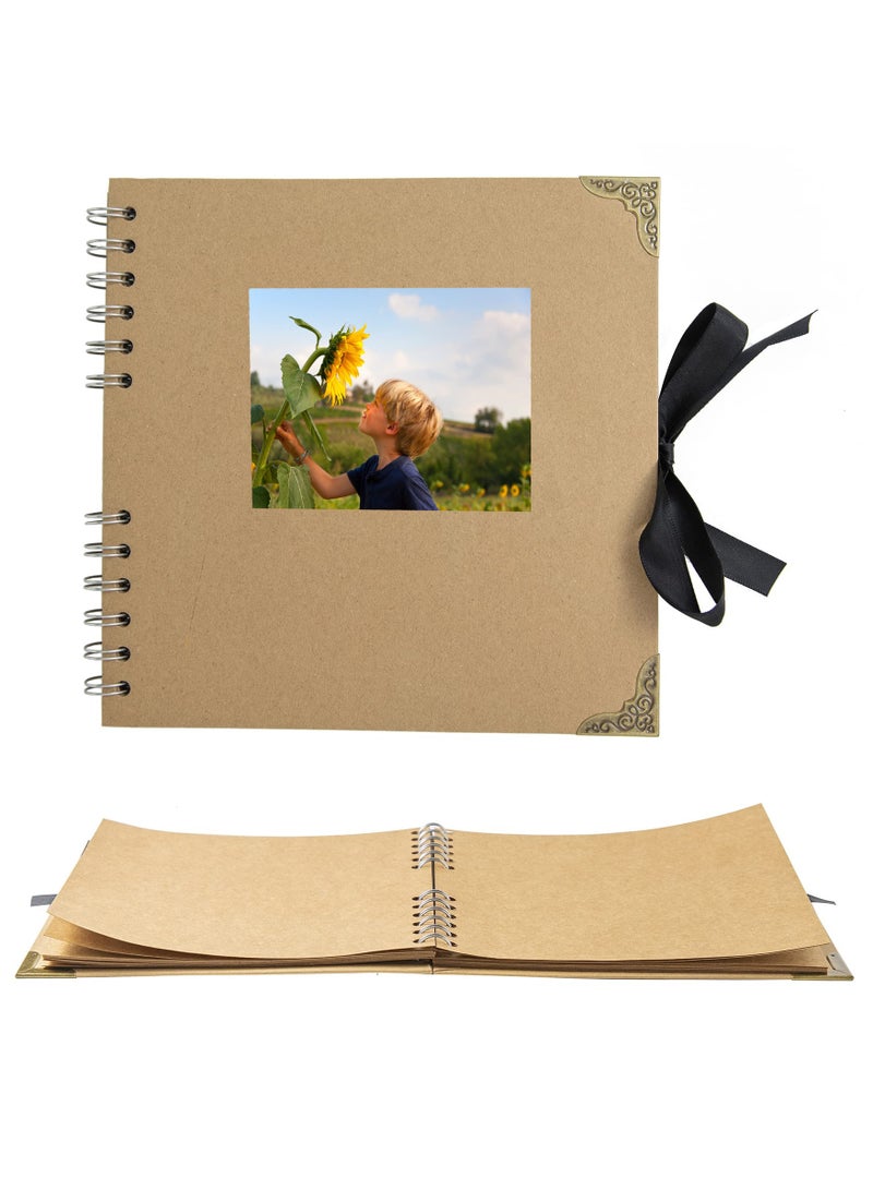 Retro Brown Scrapbook, Coil Album 60 Pages, Photo Memory Notebook, Thick Kraft Paper Album with Corner Protectors, Ribbon Closure, for DIY Wedding and Anniversary Family Photo  - Image 1