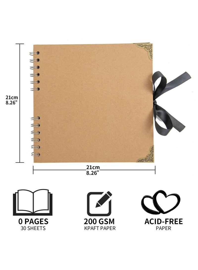 Retro Brown Scrapbook, Coil Album 60 Pages, Photo Memory Notebook, Thick Kraft Paper Album with Corner Protectors, Ribbon Closure, for DIY Wedding and Anniversary Family Photo  - Image 3