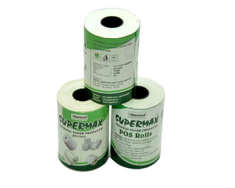 Supermax White Thermal Paper POS Roll - 80mm / 3 inches Width x 50 Meters in Length For Printing Receipts - Billing Machines/Register - 60 GSM Thickness - Black Colour Printing Paper - Pack of 3 Rolls - Image 2