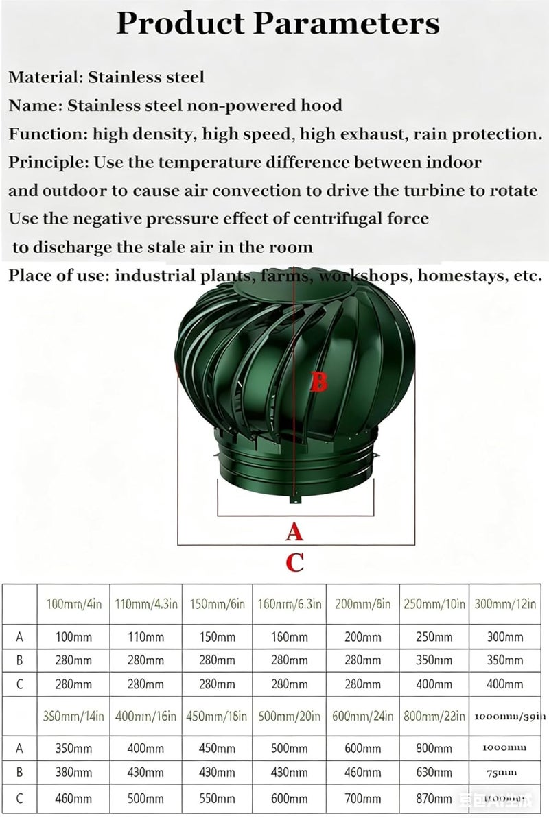 Roof Vents for Houses, Stainless Steel Roof Wind Rotating Turbine Cap Vent, Non-Power Turbine Ventilator Vents, Rain Proof Unpowered Exhaust Fan for Chimneys, Factory, Farm, Whirlybird(110mm/4.3in) - Image 2