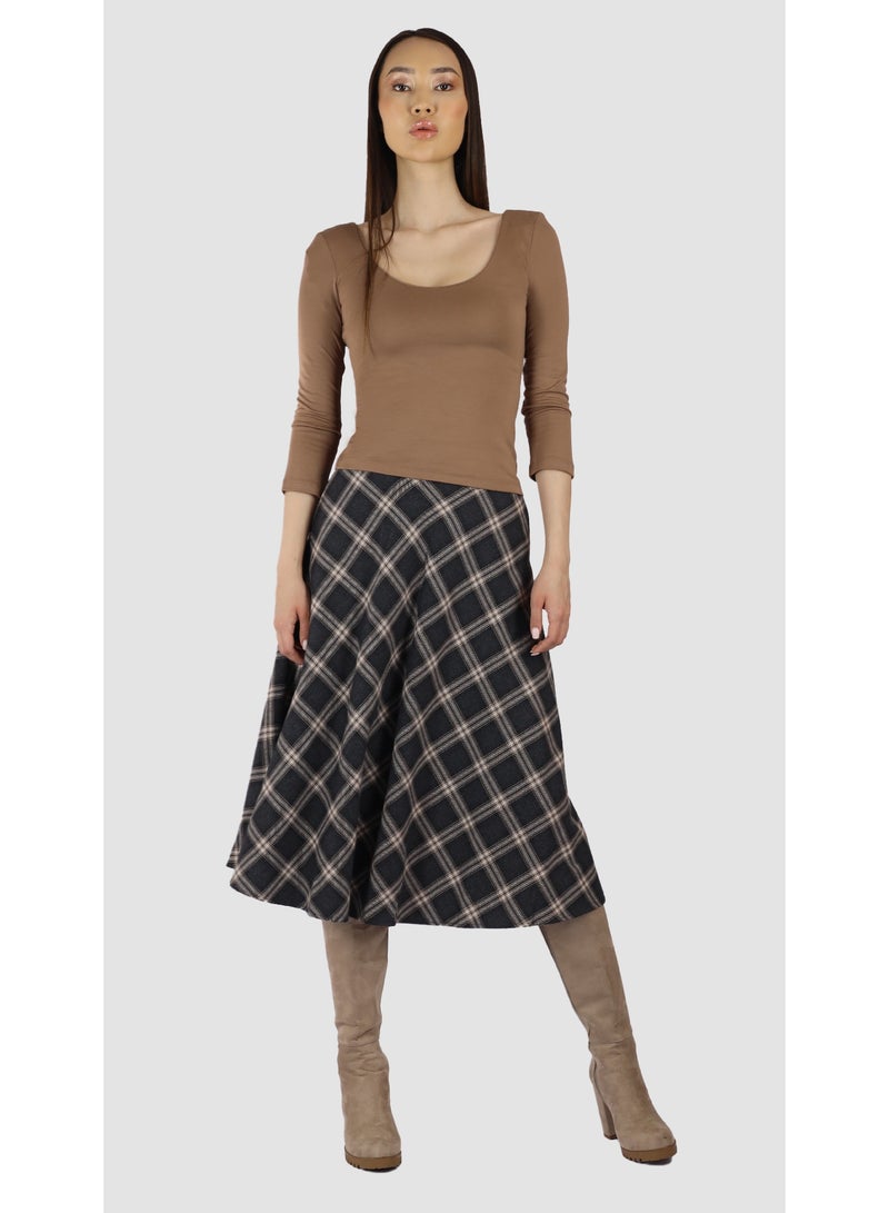 KYVELi Women’s Checked Midi Skirt with Flared Hem – Grey - Image 1