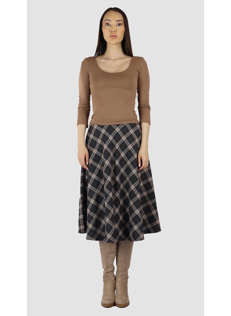 KYVELi Women’s Checked Midi Skirt with Flared Hem – Grey - Image 2