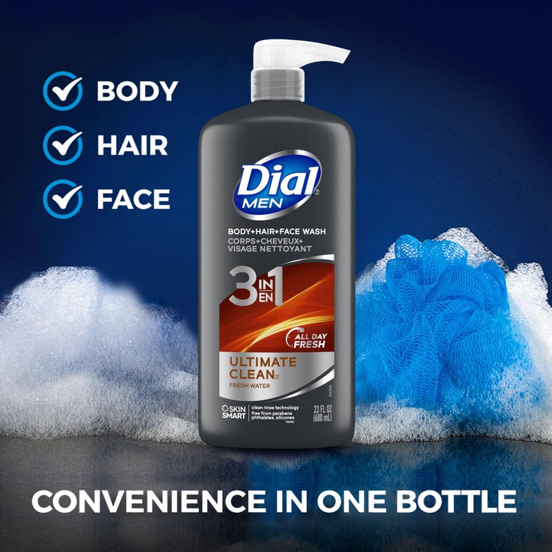 Dial Men 3 in 1 Body, Hair and Face Wash, Refresh, 16 Fl Oz, Pack of 6, Cleanses Deep + Gentle on Skin with Clean Rinse Technology - Image 4
