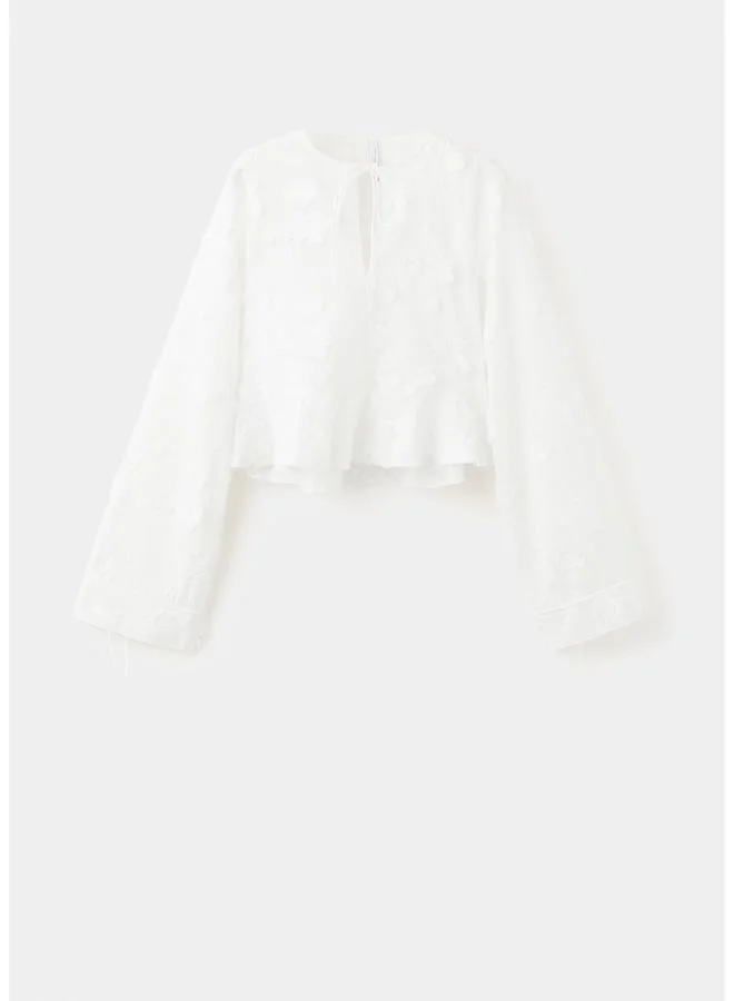 Mango 01-BLANCO Cotton Blouse With Floral Embroideries for Women | Best Price UAE