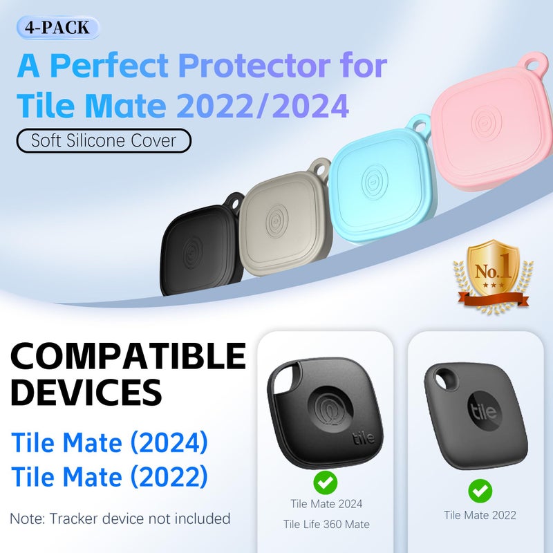 FGERWZ (4-Pack) Silicome Case for Tile Mate 2024, Waterproof Tile Mate Holder Full Body Protective Cover Compatible with Life360 Mate Tile Tracker with Keychain (Black/Off White/Pink/Sky Blue) - Image 2