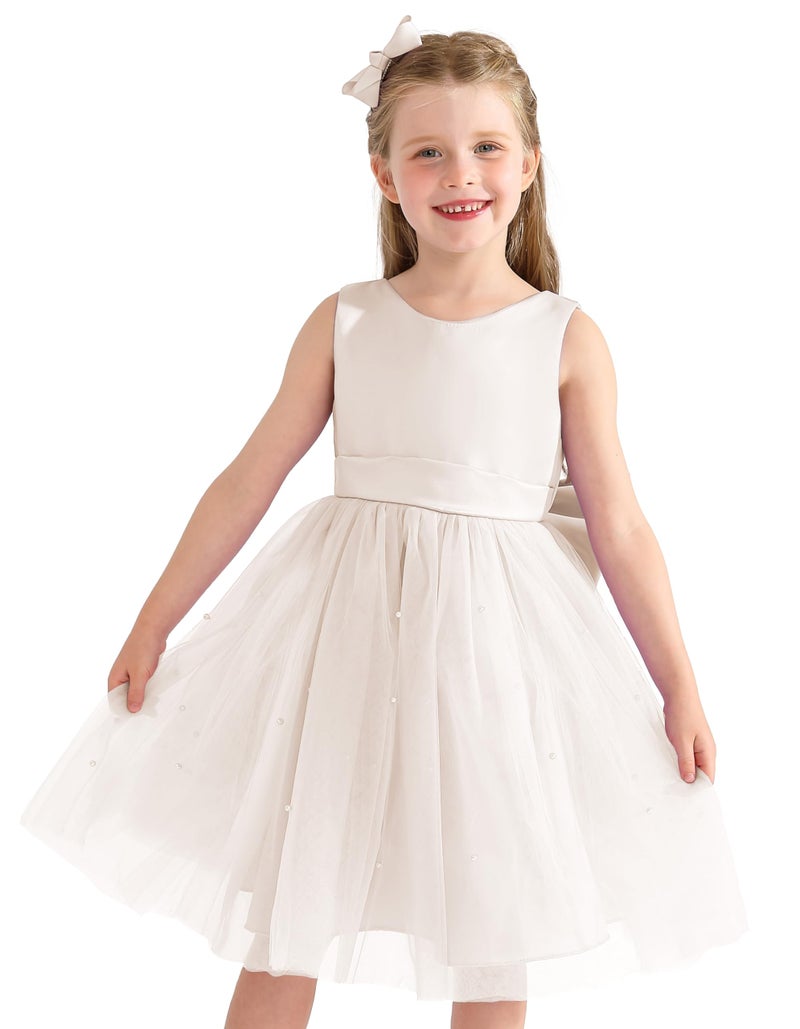 Uhnice Flower Girl Dress Satin Ball Gown for Wedding Party with Bowknot (White, 80/18-24 Months) - Image 2