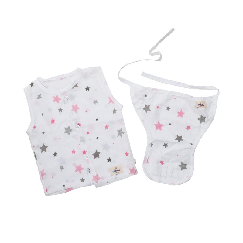 VAMICA Organic Cotton Muslin Printed Jhabla and Nappy | Unisex Soft Muslin for Baby Boys and Girls | Knot Type Jabla and Nappy Clothing (3-6 Month, Pink Star Printed) - Image 1