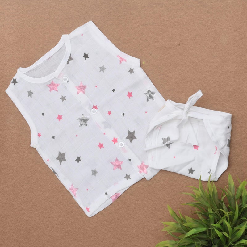 VAMICA Organic Cotton Muslin Printed Jhabla and Nappy | Unisex Soft Muslin for Baby Boys and Girls | Knot Type Jabla and Nappy Clothing (3-6 Month, Pink Star Printed) - Image 2