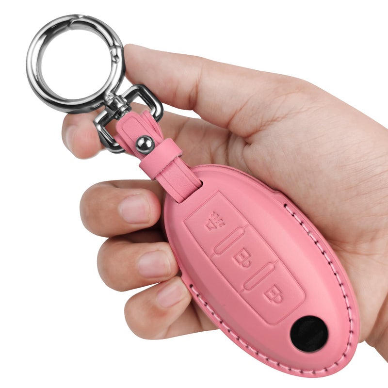 Tukellen Compatible with Nissan Key Fob Cover Handmade Genuine Leather Case for Altima Pathfinder Armada Murano Maxima Rogue Infinity Smart Remote 3 Buttons KeyPink