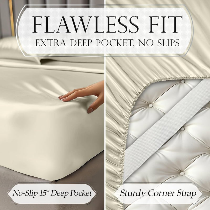 DECOLURE Satin Bed Sheets - 4 Piece Luxury Silky Full Size Bedding Set - Softer Than Silk, Wrinkle-Free with 15” Deep Pocket Fitted Sheet, Perfect for Hair & Skin, Gifts for Women (Taupe) - Image 5