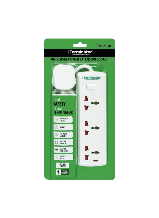 Terminator 3-Way Universal Power Extension Socket – 5M Cable, Master Switch, LED Indicator, 13A Fused Plug - Image 2