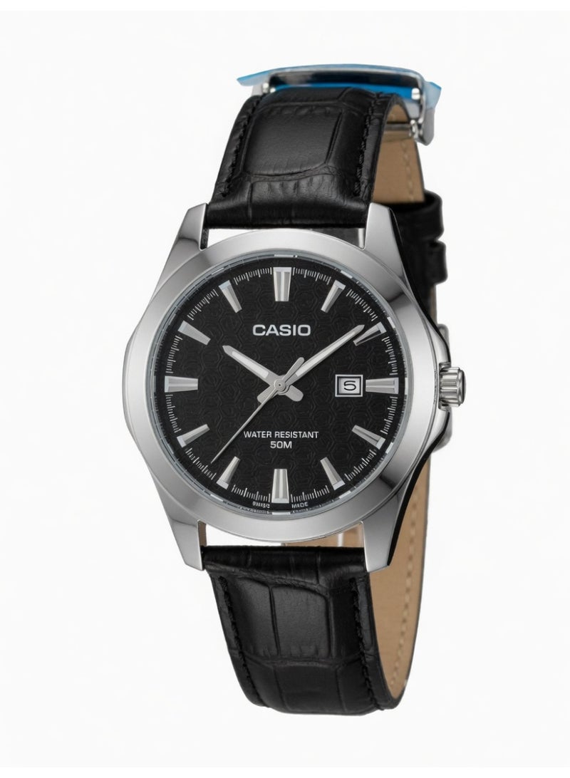 Casio MTP-VD03L-1A Enticer Men's Round Analog Watch with Black Geometric Pattern Dial and Black Leather Strap