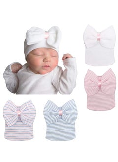 Generic Newborn Infant Baby Hospital Hat Cap with Bow Knot Nursery Beanie Soft Cute, Blue, White, Pink 4 Pack, First Knit Caps for Girls Boys  - Image 1