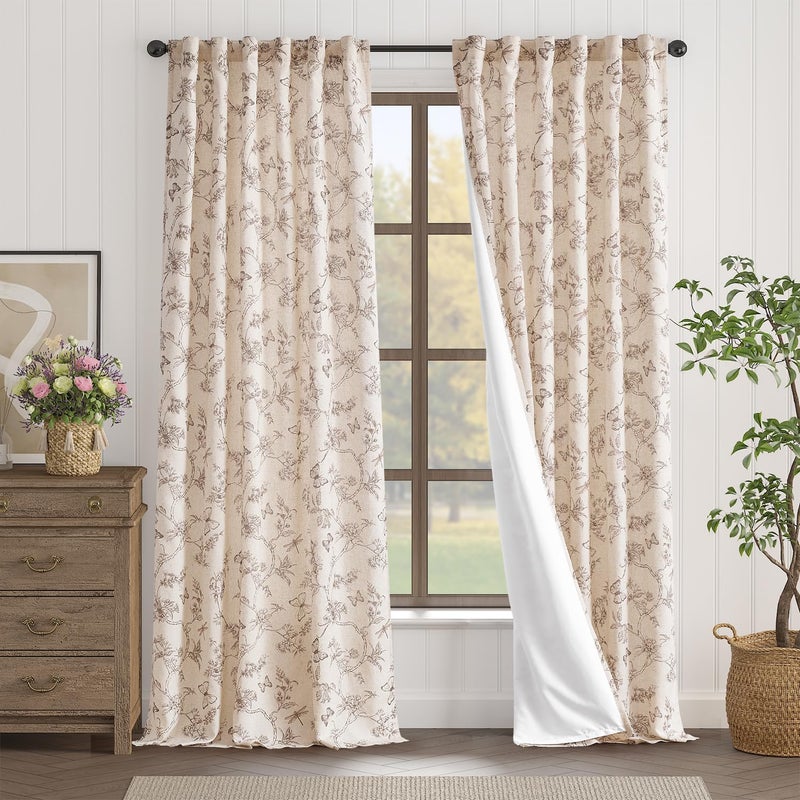 Lazzzy Charlotte Farmhouse Lined Linen Taupe Floral Curtains 96 Inch Long Back Tab Drapes for Living Room Bedroom Light Filtering Country Vintage Rod Pocket, 2 Panels, Taupe on Beige - Image 2