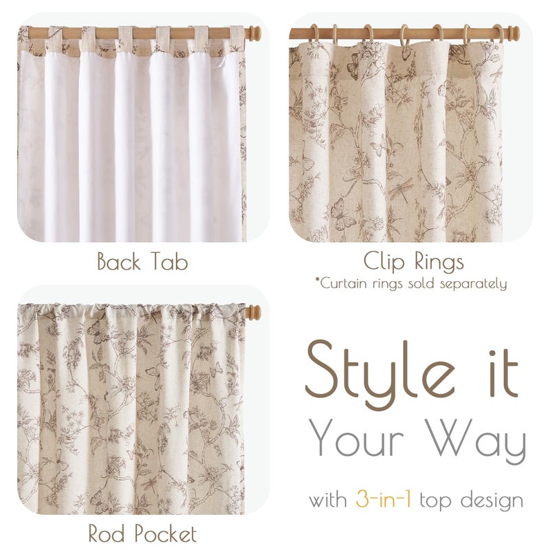 Lazzzy Charlotte Farmhouse Lined Linen Taupe Floral Curtains 96 Inch Long Back Tab Drapes for Living Room Bedroom Light Filtering Country Vintage Rod Pocket, 2 Panels, Taupe on Beige - Image 5