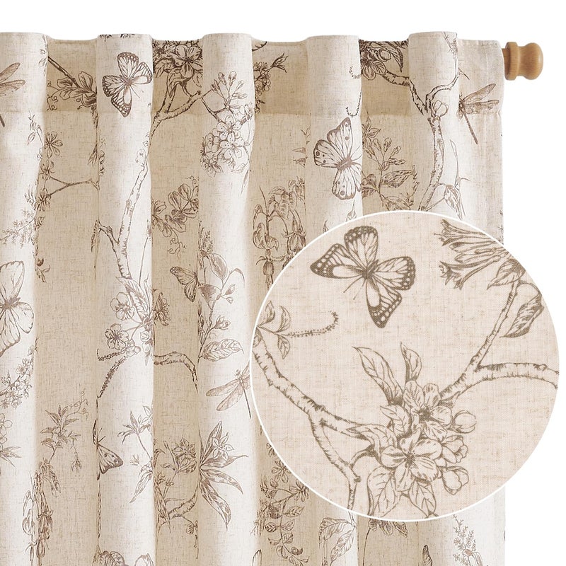 Lazzzy Charlotte Farmhouse Lined Linen Taupe Floral Curtains 96 Inch Long Back Tab Drapes for Living Room Bedroom Light Filtering Country Vintage Rod Pocket, 2 Panels, Taupe on Beige - Image 1