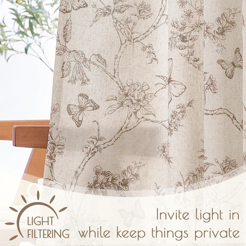 Lazzzy Charlotte Farmhouse Lined Linen Taupe Floral Curtains 96 Inch Long Back Tab Drapes for Living Room Bedroom Light Filtering Country Vintage Rod Pocket, 2 Panels, Taupe on Beige - Image 3