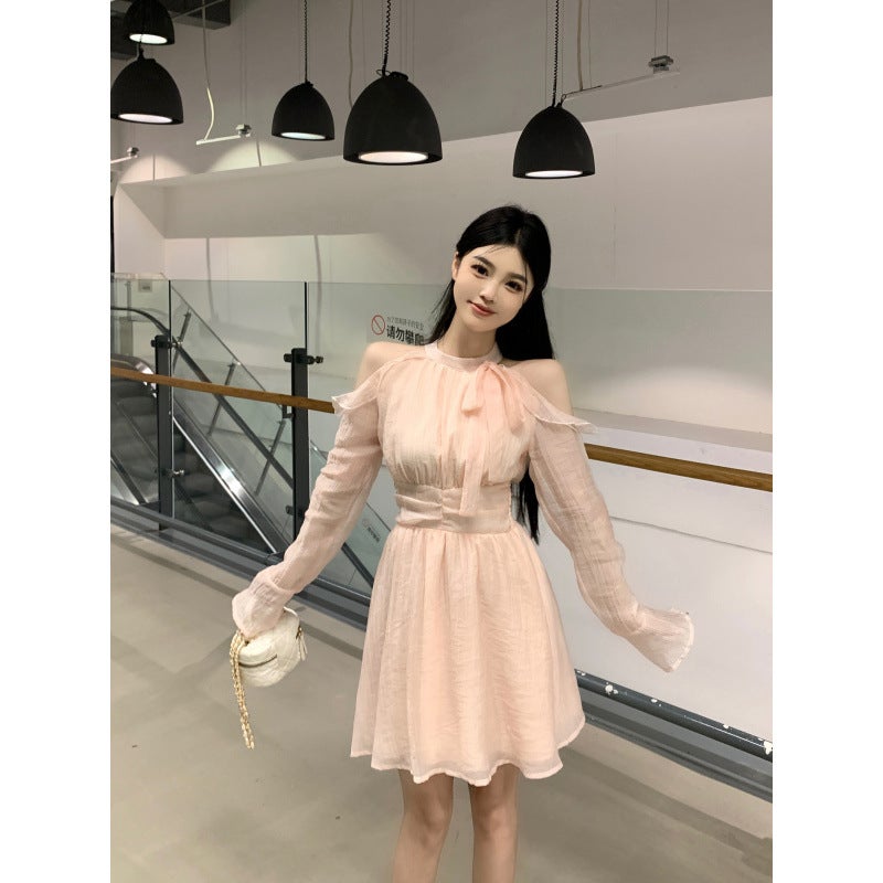 Autumn New plus size chubby girl Shoulder Neck Design Tight Waist Slim Long Short dress Pink short style