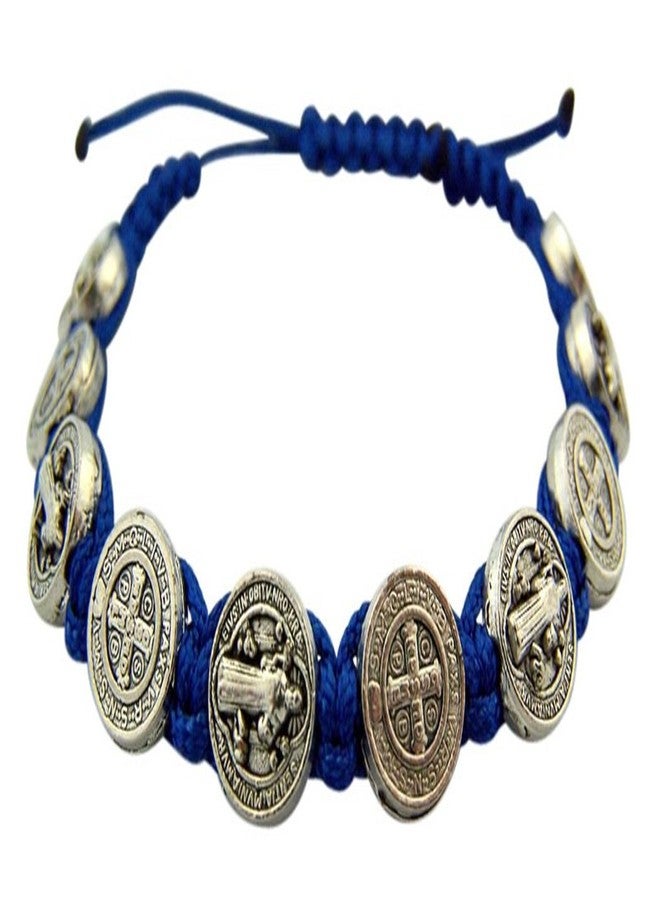 CB Saint St Benedict Medal on Adjustable Blue Cord Bracelet, 8 Inch