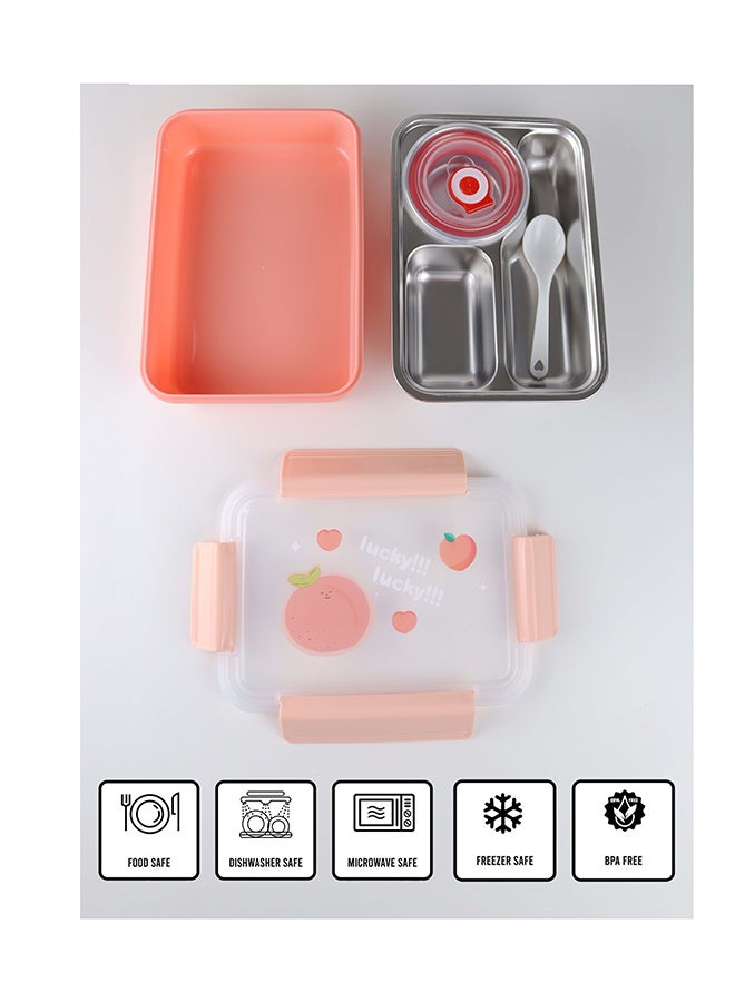 توشيونيكس علبة غداء من الستانلس ستيل – سعة 1.2 لتر – بثلاثة أقسام، ملعقة، كوب، آمنة للميكروويف، غطاء مانع للتسرب، خالية من BPA، وآمنة للفريزر وغسالة الصحون – تصميم كرتوني فواكه – مثالية للمدرسة، المكتب، والسفر – 21 × 15 × 5 سم - Image 1