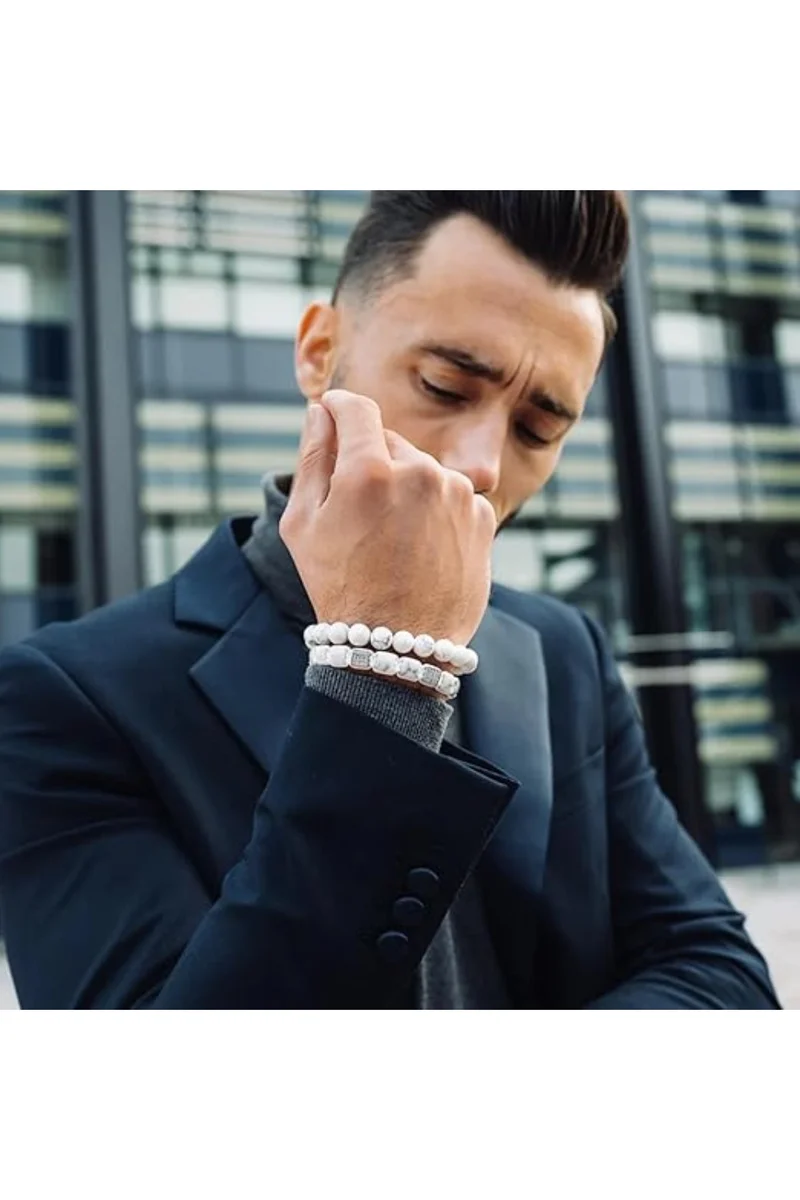 لونورا خرز الهوليت سوار خرز من الحجر الطبيعي مصنوع يدويًا – سوار للرجال، سوار رجالي، هدية للرجال، أساور للرجال – قابل للتعديل بمقاس واحد للجميع