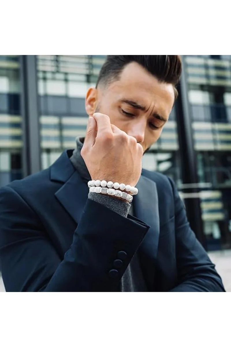 لونورا خرز الهوليت سوار خرز من الحجر الطبيعي مصنوع يدويًا – سوار للرجال، سوار رجالي، هدية للرجال، أساور للرجال – قابل للتعديل بمقاس واحد للجميع