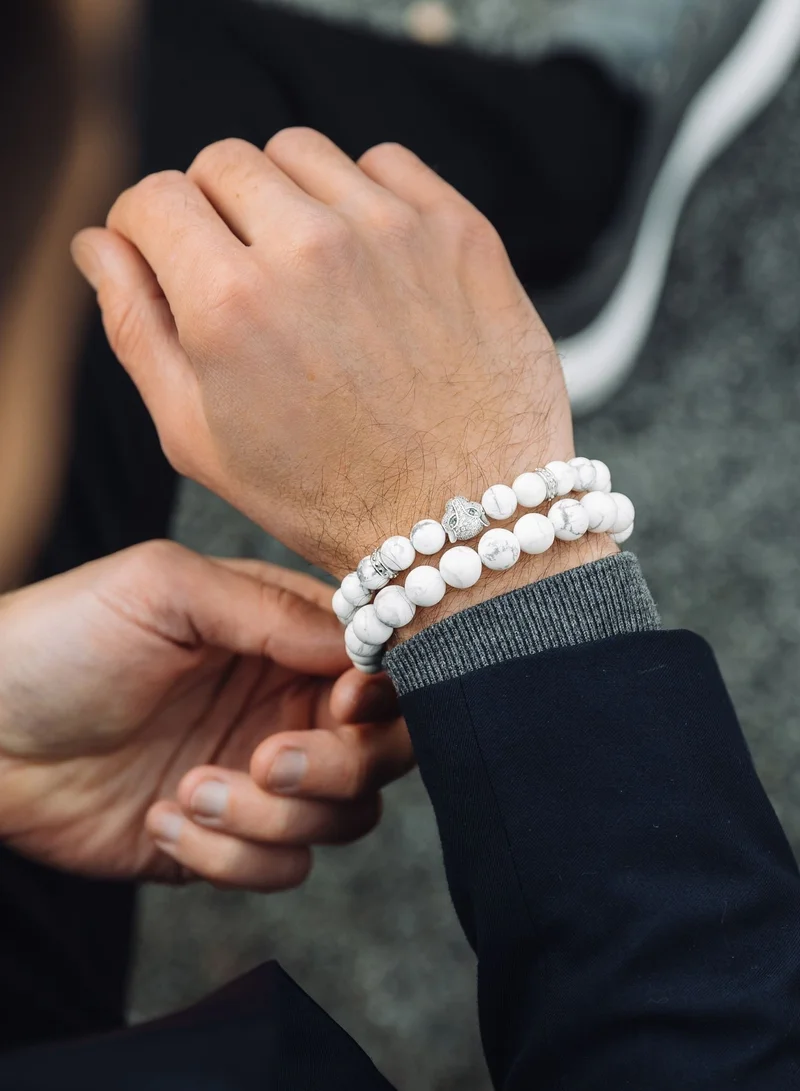 Lunnora White Howlite Beads Handmade Natural Stone Bead Bracelet – Bracelet for Men, Men’s Bracelet, Gifts for Men, Bracelets for Men – Adjustable One Size Fits All for Men | Best Price UAE