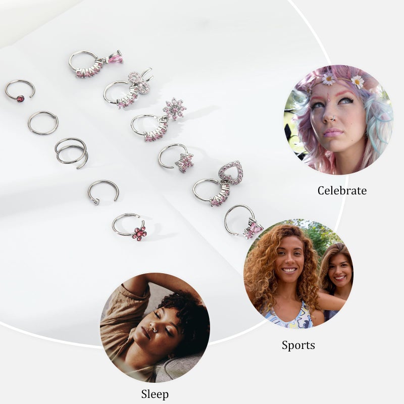 BSJ4U Hoop Nose Rings for Women Nose Piercings 20G Stainless Steel Nose Rings Hoops Heart Butterfly Flower Bow Teardrop Double Nose Hoops Silver Pink CZ Nose Piercing Jewelry - Image 2