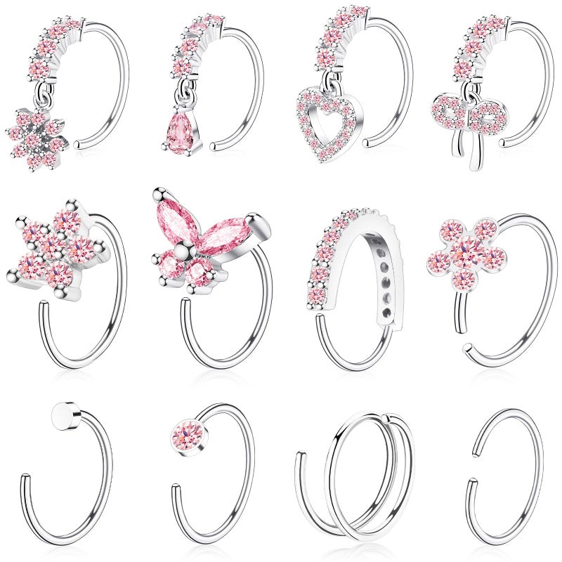 BSJ4U Hoop Nose Rings for Women Nose Piercings 20G Stainless Steel Nose Rings Hoops Heart Butterfly Flower Bow Teardrop Double Nose Hoops Silver Pink CZ Nose Piercing Jewelry - Image 1