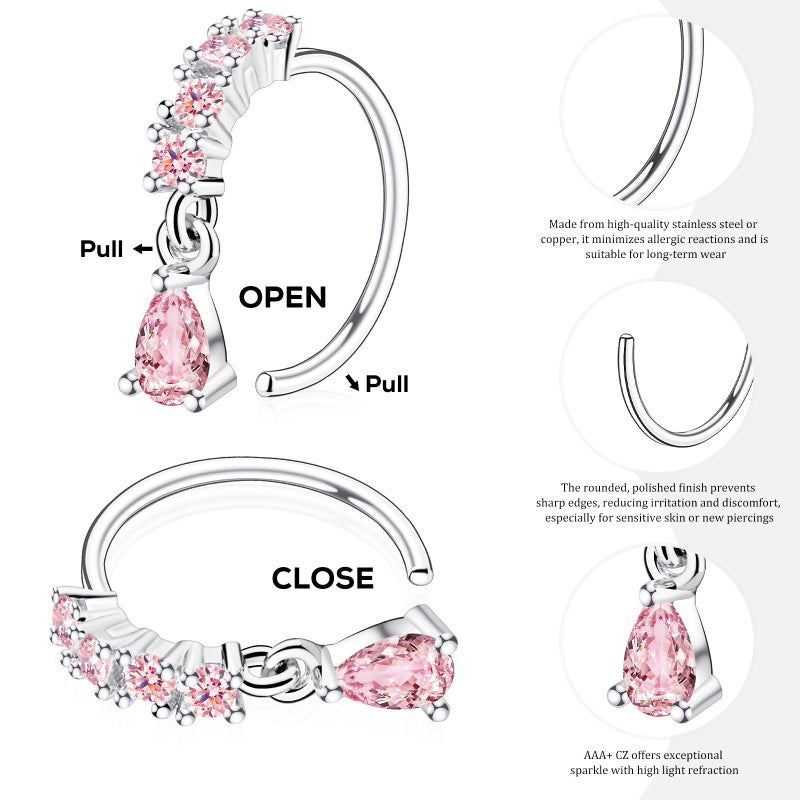 BSJ4U Hoop Nose Rings for Women Nose Piercings 20G Stainless Steel Nose Rings Hoops Heart Butterfly Flower Bow Teardrop Double Nose Hoops Silver Pink CZ Nose Piercing Jewelry - Image 5