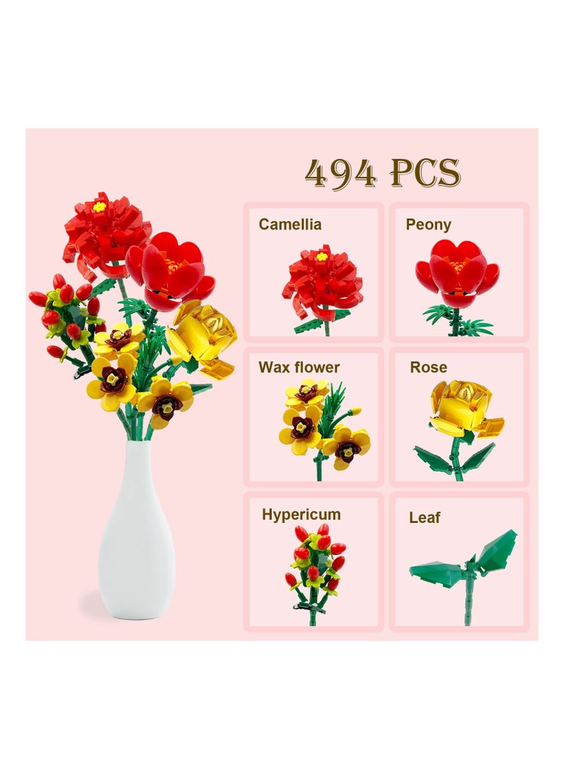 Creative Flower Building Kit for Adults - 494pcs Camellia Bouquet Building Block Set for Unique Gifts & Home Decor, Perfect for Botanical Collection - Image 3
