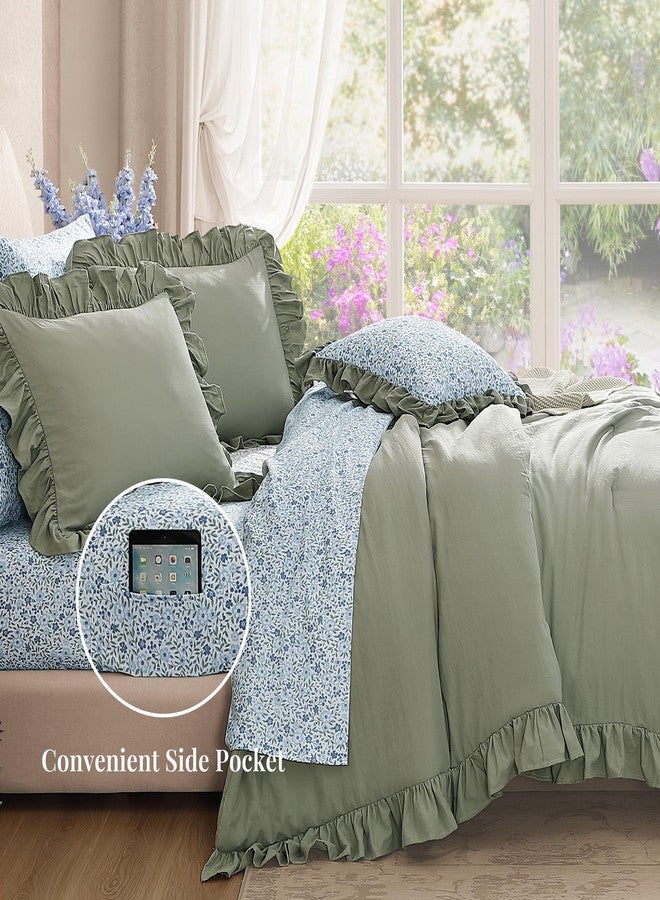 BLOOMHAVEN Queen Comforter Set - 7 Pieces Ruffle Sage Green Bedding Sets, Shabby Chic Farmhouse Bed in a Bag Queen with Ruffle Comforter, Floral Sheets, Pillowcases & Shams - Image 3