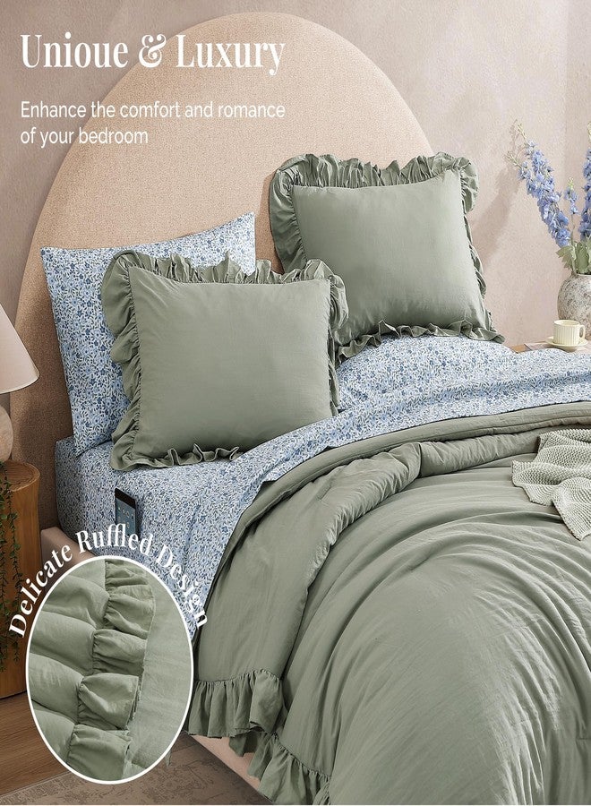 BLOOMHAVEN Queen Comforter Set - 7 Pieces Ruffle Sage Green Bedding Sets, Shabby Chic Farmhouse Bed in a Bag Queen with Ruffle Comforter, Floral Sheets, Pillowcases & Shams - Image 2