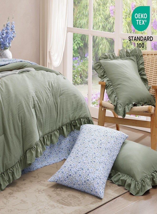 BLOOMHAVEN Queen Comforter Set - 7 Pieces Ruffle Sage Green Bedding Sets, Shabby Chic Farmhouse Bed in a Bag Queen with Ruffle Comforter, Floral Sheets, Pillowcases & Shams - Image 5